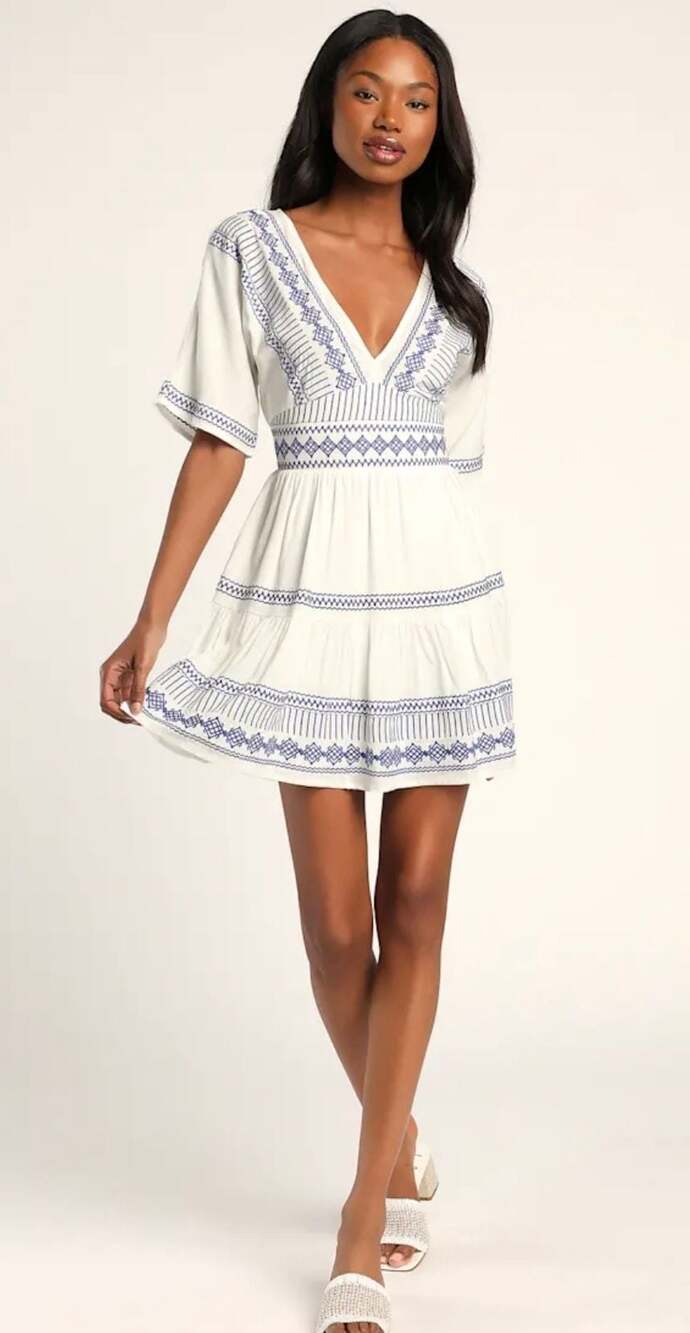 Lulus Gone to Greece White and Blue Embroidered Tiered Mini Dress Size S - Picture 4 of 4